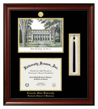 Double Opening with Campus Image & Tassel Box (Stacked) Frame in Avalon Mahogany with Black & Gold Mats for DOCUMENT: 8 1/2"H X 11"W  