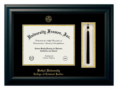 Bethel University College of Criminal Justice Diploma with Tassel Box Frame in Satin Black with Black & Gold Mats for DOCUMENT: 8 1/2"H X 11"W  