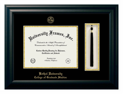 Bethel University College of Graduate Studies Diploma with Tassel Box Frame in Satin Black with Black & Gold Mats for DOCUMENT: 8 1/2"H X 11"W  