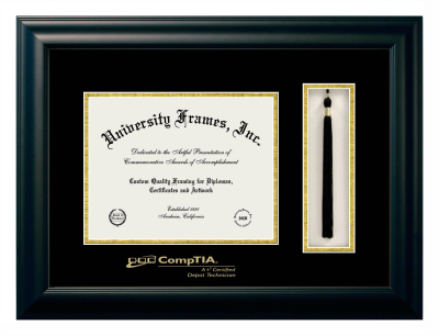 Diploma with Tassel Box Frame in Satin Black with Black & Gold Mats for DOCUMENT: 8 1/2"H X 11"W  