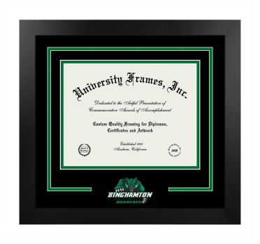 Binghamton University Logo Mat Frame in Manhattan Black with Black & Kelly Green Mats for DOCUMENT: 8 1/2"H X 11"W  