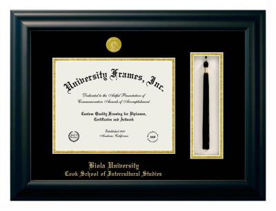 Biola University Cook School of Intercultural Studies Diploma with Tassel Box Frame in Satin Black with Black & Gold Mats for DOCUMENT: 8 1/2"H X 11"W  