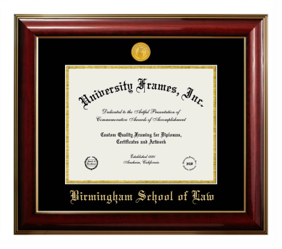 Birmingham School of Law Diploma Frame in Classic Mahogany with Gold Trim with Black & Gold Mats for DOCUMENT: 8 1/2"H X 11"W  