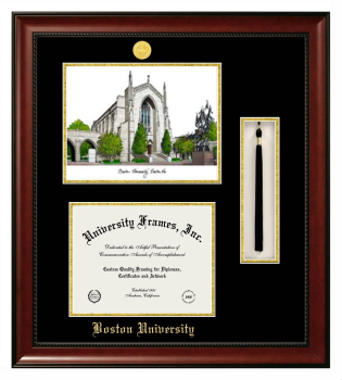 Double Opening with Campus Image & Tassel Box (Stacked) Frame in Avalon Mahogany with Black & Gold Mats for DOCUMENT: 8 1/2"H X 11"W  