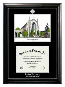 Double Opening with Campus Image (Stacked) Frame in Classic Ebony with Silver Trim with Black & Silver Mats for DOCUMENT: 8 1/2"H X 11"W  