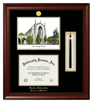 Double Opening with Campus Image & Tassel Box (Stacked) Frame in Avalon Mahogany with Black & Gold Mats for DOCUMENT: 8 1/2"H X 11"W  