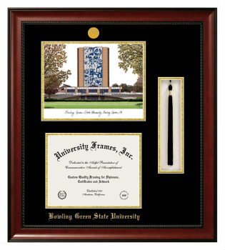 Double Opening with Campus Image & Tassel Box (Stacked) Frame in Avalon Mahogany with Black & Gold Mats for DOCUMENT: 8 1/2"H X 11"W  