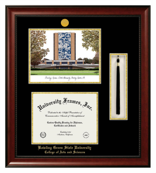 Double Opening with Campus Image & Tassel Box (Stacked) Frame in Avalon Mahogany with Black & Gold Mats for DOCUMENT: 8 1/2"H X 11"W  