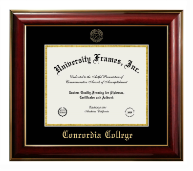 Concordia College (Moorhead) Diploma Frame in Classic Mahogany with Gold Trim with Black & Gold Mats for DOCUMENT: 8 1/2"H X 11"W  