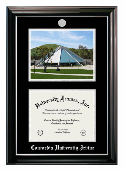 Double Opening with Campus Image (Stacked) Frame in Classic Ebony with Silver Trim with Black & Silver Mats for DOCUMENT: 8 1/2"H X 11"W  