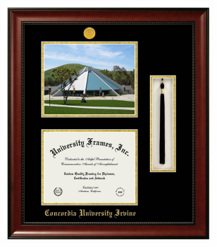 Double Opening with Campus Image & Tassel Box (Stacked) Frame in Avalon Mahogany with Black & Gold Mats for DOCUMENT: 8 1/2"H X 11"W  