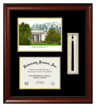 Double Opening with Campus Image & Tassel Box (Stacked) Frame in Avalon Mahogany with Black & Gold Mats for DOCUMENT: 8 1/2"H X 11"W  