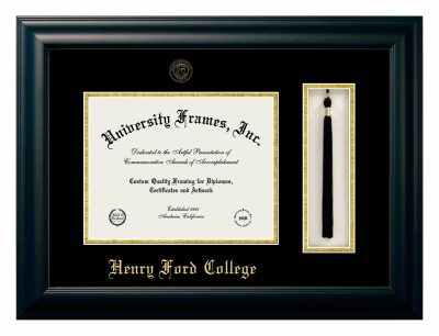 Henry Ford College Diploma with Tassel Box Frame in Satin Black with Black & Gold Mats for DOCUMENT: 8 1/2"H X 11"W  