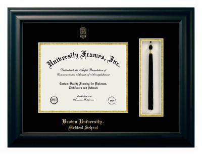 Brown University Medical School Diploma with Tassel Box Frame in Satin Black with Black & Gold Mats for DOCUMENT: 8 1/2"H X 11"W  