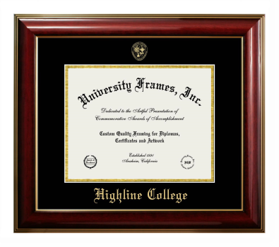 Highline College Diploma Frame in Classic Mahogany with Gold Trim with Black & Gold Mats for DOCUMENT: 8 1/2"H X 11"W  