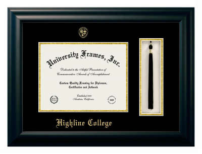 Highline College Diploma with Tassel Box Frame in Satin Black with Black & Gold Mats for DOCUMENT: 8 1/2"H X 11"W  