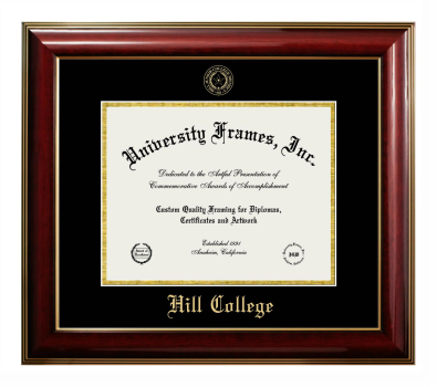 Hill College Diploma Frame in Classic Mahogany with Gold Trim with Black & Gold Mats for DOCUMENT: 8 1/2"H X 11"W  