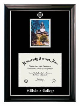 Double Opening with Campus Image (Stacked) Frame in Classic Ebony with Silver Trim with Black & Silver Mats for DOCUMENT: 8 1/2"H X 11"W  