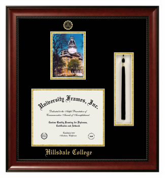 Double Opening with Campus Image & Tassel Box (Stacked) Frame in Avalon Mahogany with Black & Gold Mats for DOCUMENT: 8 1/2"H X 11"W  