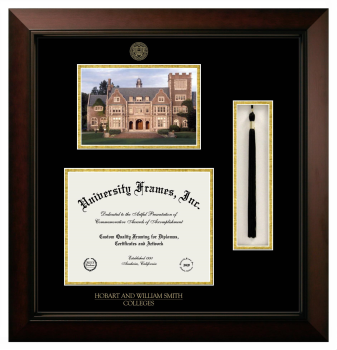 Double Opening with Campus Image & Tassel Box (Stacked) Frame in Legacy Black Cherry with Black & Gold Mats for DOCUMENT: 8 1/2"H X 11"W  