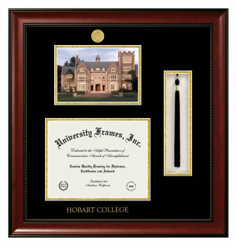 Double Opening with Campus Image & Tassel Box (Stacked) Frame in Avalon Mahogany with Black & Gold Mats for DOCUMENT: 8 1/2"H X 11"W  