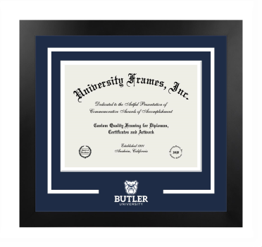 Butler University Logo Mat Frame in Manhattan Black with Navy Blue & White Mats for DOCUMENT: 8 1/2"H X 11"W  