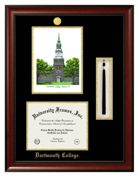 Double Opening with Campus Image & Tassel Box (Stacked) Frame in Avalon Mahogany with Black & Gold Mats for DOCUMENT: 8 1/2"H X 11"W  