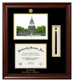 Double Opening with Campus Image & Tassel Box (Stacked) Frame in Avalon Mahogany with Black & Gold Mats for DOCUMENT: 8 1/2"H X 11"W  