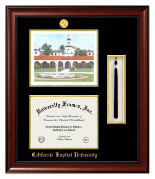 Double Opening with Campus Image & Tassel Box (Stacked) Frame in Avalon Mahogany with Black & Gold Mats for DOCUMENT: 8 1/2"H X 11"W  