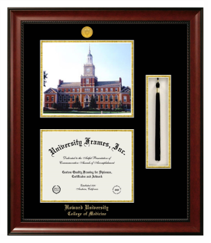 Double Opening with Campus Image & Tassel Box (Stacked) Frame in Avalon Mahogany with Black & Gold Mats for DOCUMENT: 8 1/2"H X 11"W  