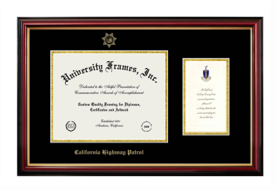 Diploma with Announcement Frame in Petite Mahogany with Gold Trim with Black & Gold Mats for DOCUMENT: 8 1/2"H X 11"W  ,  7"H X 4"W  