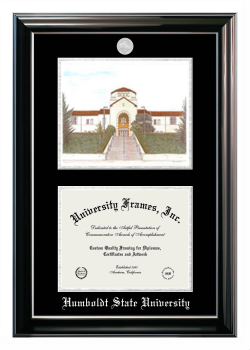 Double Opening with Campus Image (Stacked) Frame in Classic Ebony with Silver Trim with Black & Silver Mats for DOCUMENT: 8 1/2"H X 11"W  