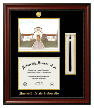 Double Opening with Campus Image & Tassel Box (Stacked) Frame in Avalon Mahogany with Black & Gold Mats for DOCUMENT: 8 1/2"H X 11"W  