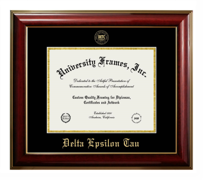 Delta Epsilon Tau Diploma Frame in Classic Mahogany with Gold Trim with Black & Gold Mats for DOCUMENT: 8 1/2"H X 11"W  