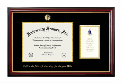 Diploma with Announcement Frame in Petite Mahogany with Gold Trim with Black & Gold Mats for DOCUMENT: 8 1/2"H X 11"W  ,  7"H X 4"W  