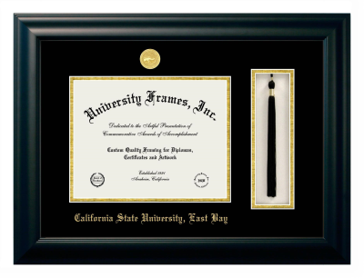 California State University, East Bay Diploma with Tassel Box Frame in Satin Black with Black & Gold Mats for DOCUMENT: 8 1/2"H X 11"W  