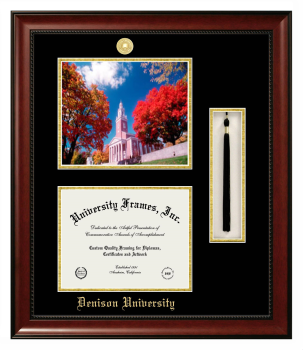 Double Opening with Campus Image & Tassel Box (Stacked) Frame in Avalon Mahogany with Black & Gold Mats for DOCUMENT: 8 1/2"H X 11"W  