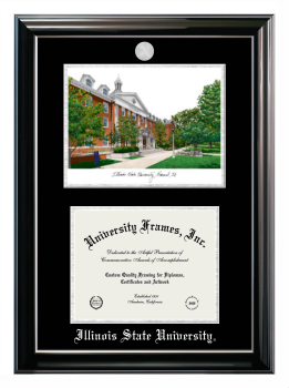 Double Opening with Campus Image (Stacked) Frame in Classic Ebony with Silver Trim with Black & Silver Mats for DOCUMENT: 8 1/2"H X 11"W  