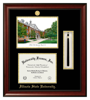 Double Opening with Campus Image & Tassel Box (Stacked) Frame in Avalon Mahogany with Black & Gold Mats for DOCUMENT: 8 1/2"H X 11"W  