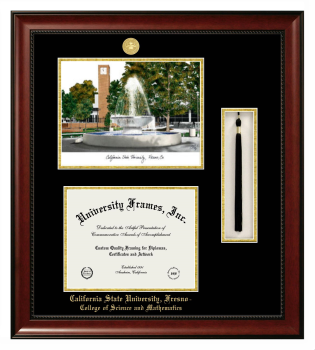 Double Opening with Campus Image & Tassel Box (Stacked) Frame in Avalon Mahogany with Black & Gold Mats for DOCUMENT: 8 1/2"H X 11"W  