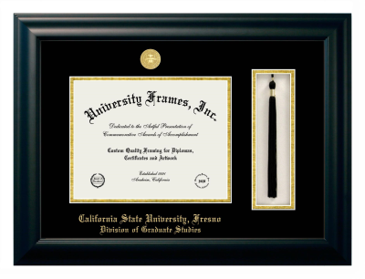 California State University, Fresno Division of Graduate Studies Diploma with Tassel Box Frame in Satin Black with Black & Gold Mats for DOCUMENT: 8 1/2"H X 11"W  