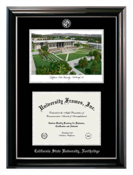 Double Opening with Campus Image (Stacked) Frame in Classic Ebony with Silver Trim with Black & Silver Mats for DOCUMENT: 8 1/2"H X 11"W  