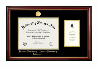 Diploma with Announcement Frame in Petite Mahogany with Gold Trim with Black & Gold Mats for DOCUMENT: 8 1/2"H X 11"W  ,  7"H X 4"W  