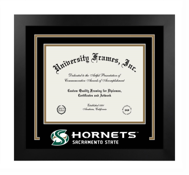 California State University, Sacramento Logo Mat Frame in Manhattan Black with Black & Bronze Mats for DOCUMENT: 8 1/2"H X 11"W  