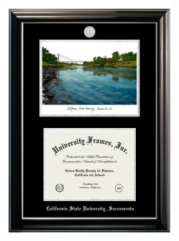 Double Opening with Campus Image (Stacked) Frame in Classic Ebony with Silver Trim with Black & Silver Mats for DOCUMENT: 8 1/2"H X 11"W  