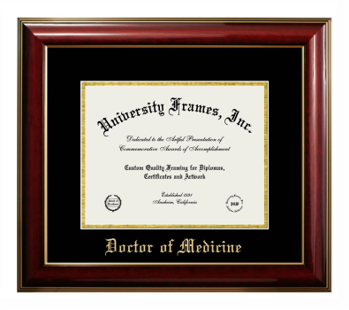 Doctor of Medicine Diploma Frame in Classic Mahogany with Gold Trim with Black & Gold Mats for DOCUMENT: 8 1/2"H X 11"W  