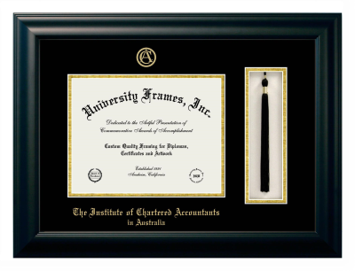 Institute of Chartered Accountants in Australia Diploma with Tassel Box Frame in Satin Black with Black & Gold Mats for DOCUMENT: 8 1/2"H X 11"W  