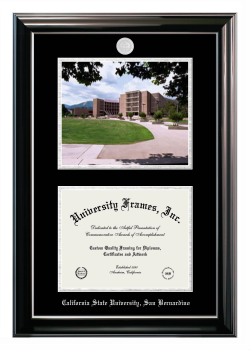 Double Opening with Campus Image (Stacked) Frame in Classic Ebony with Silver Trim with Black & Silver Mats for DOCUMENT: 8 1/2"H X 11"W  