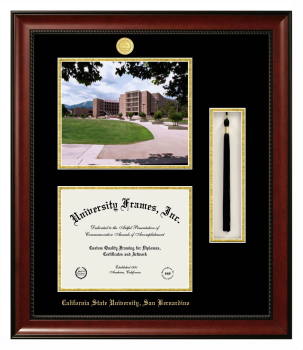 Double Opening with Campus Image & Tassel Box (Stacked) Frame in Avalon Mahogany with Black & Gold Mats for DOCUMENT: 8 1/2"H X 11"W  