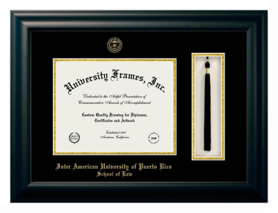 Inter American University of Puerto Rico School of Law Diploma with Tassel Box Frame in Satin Black with Black & Gold Mats for DOCUMENT: 8 1/2"H X 11"W  